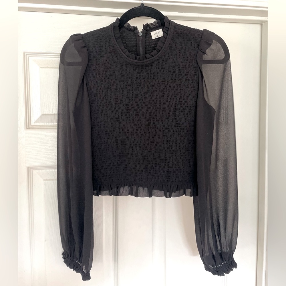 Artizia Wilfred Tempest Blouse Black Crop Top with Sheer Sleeves